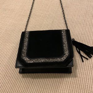 BCBG Max Azaria leather, suede, and rhinestone evening bag